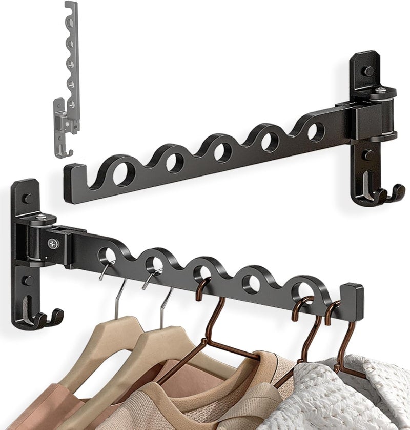 Dr.DJ Wall Hanger for Clothes, Coat Hanger Wall Mounted Matte Black Retractable Clothes Drying Organizer Rack Garment Hooks Aluminium Folding Indoor Wall Space Saver (2 Racks) Black - Image 1